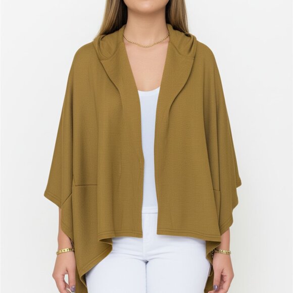 Love & Love Poncho Size Medium Hooded Open Front Cardigan Ruana Tan Camel - Picture 1 of 5